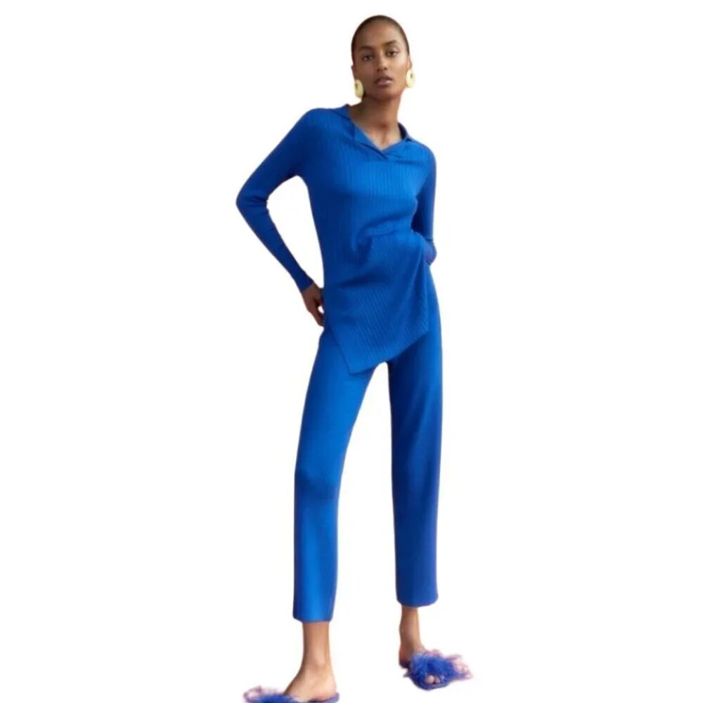 Zara Womens Size Medium Ribbed Royal Blue Slit Hem Tunic Top
